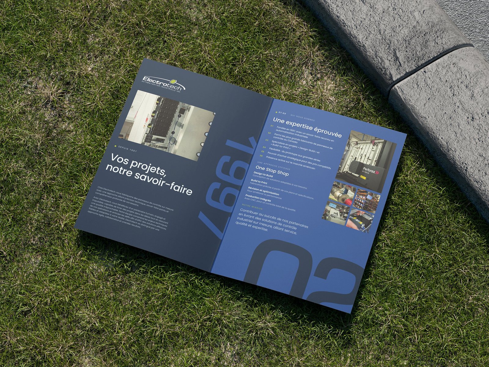 Dépliant d'Electrotech ouvert sur l'herbe : « Vos projets, notre savoir-faire », photos d'usine et chiffres 1997 et 02