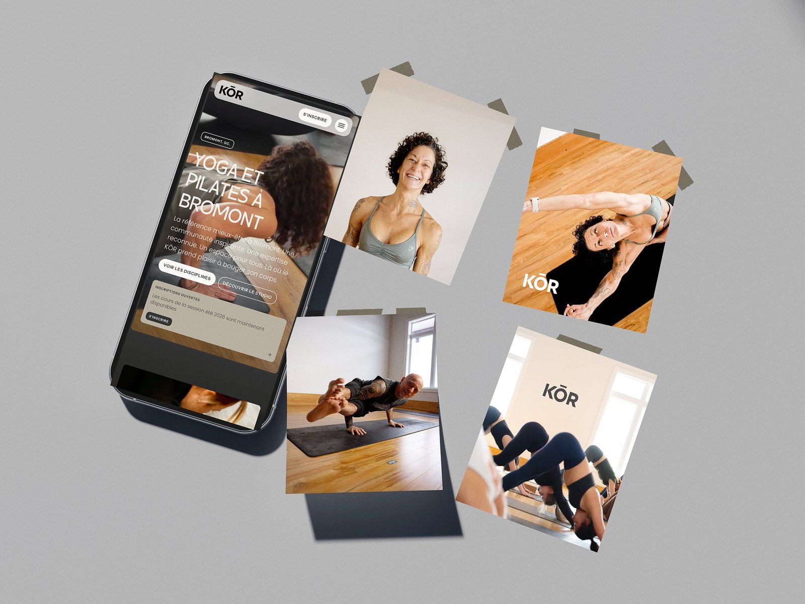 L'accueil du site de Studio KŌR dans un téléphone, entouré de photos : portrait souriant, étirement sur parquet, groupe en chien tête en bas, équilibre sur les bras