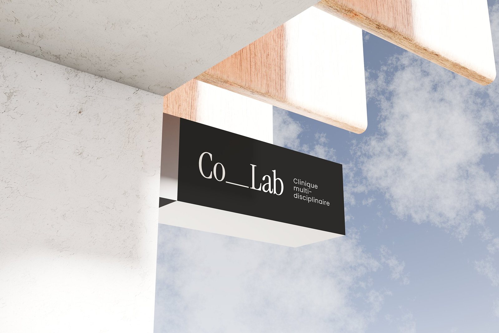 Enseigne en drapeau charbon au logo horizontal de la Clinique Co_Lab, devant le ciel