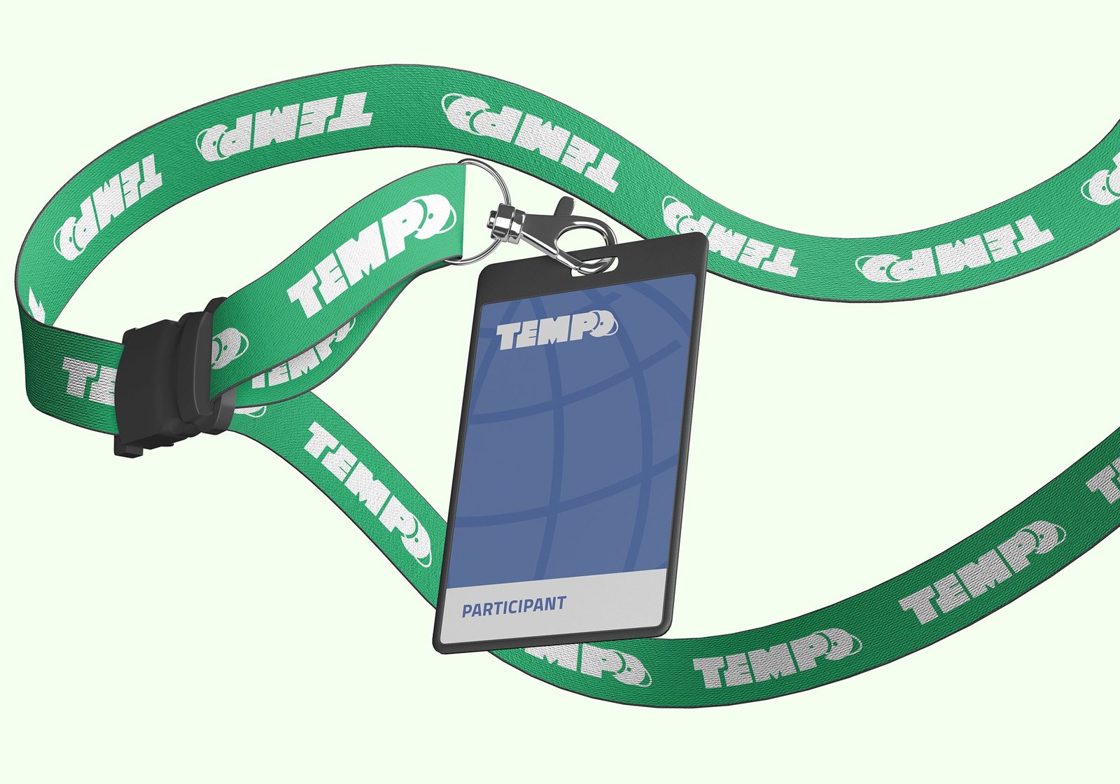 Accréditation « Participant » de Tempo, carte bleue au globe et cordon vert au wordmark Tempo