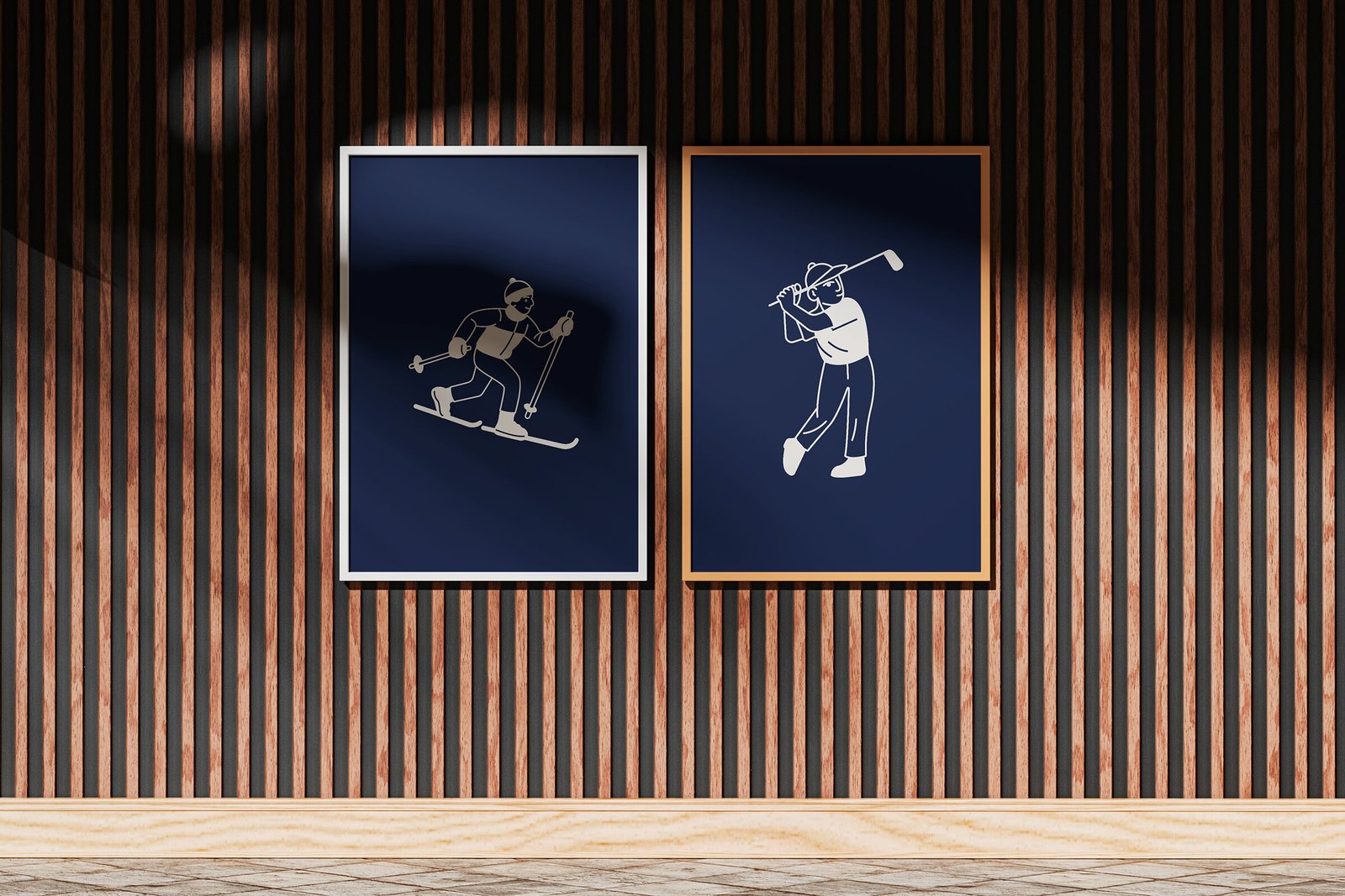 Deux affiches encadrées des Cèdres, un skieur et un golfeur, en traits clairs sur fond marine