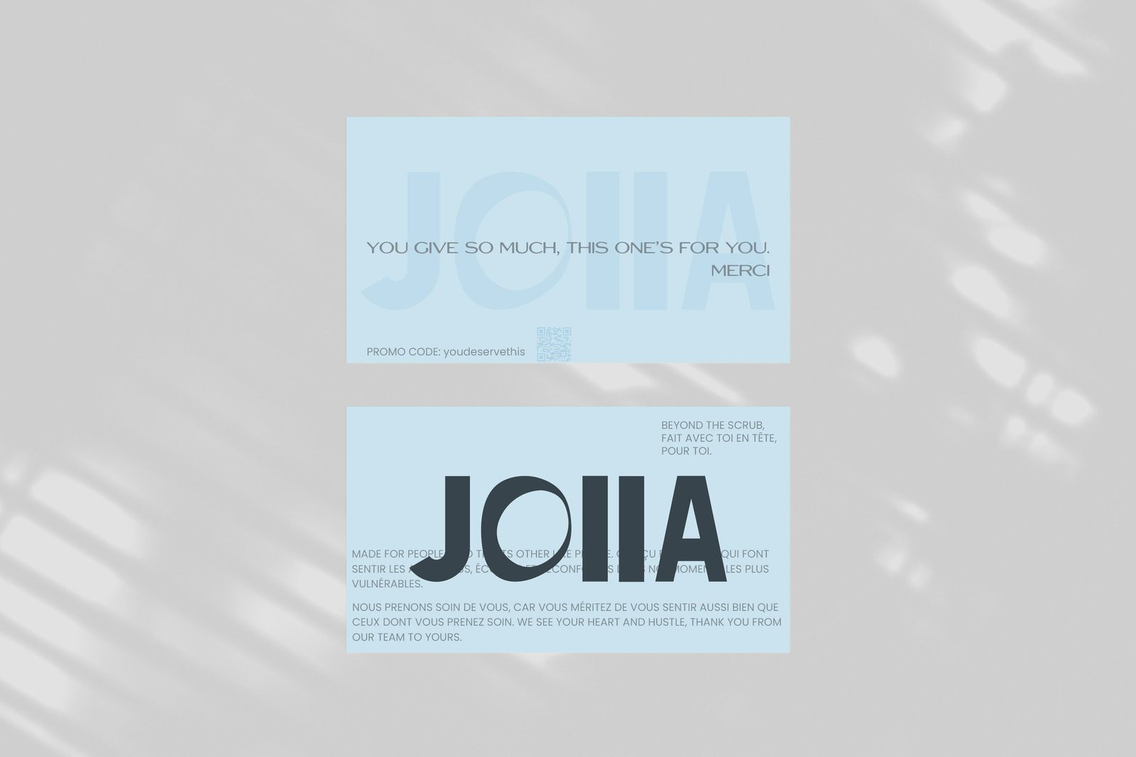 Cartes promotionnelles bleu pâle de Joiia Wear